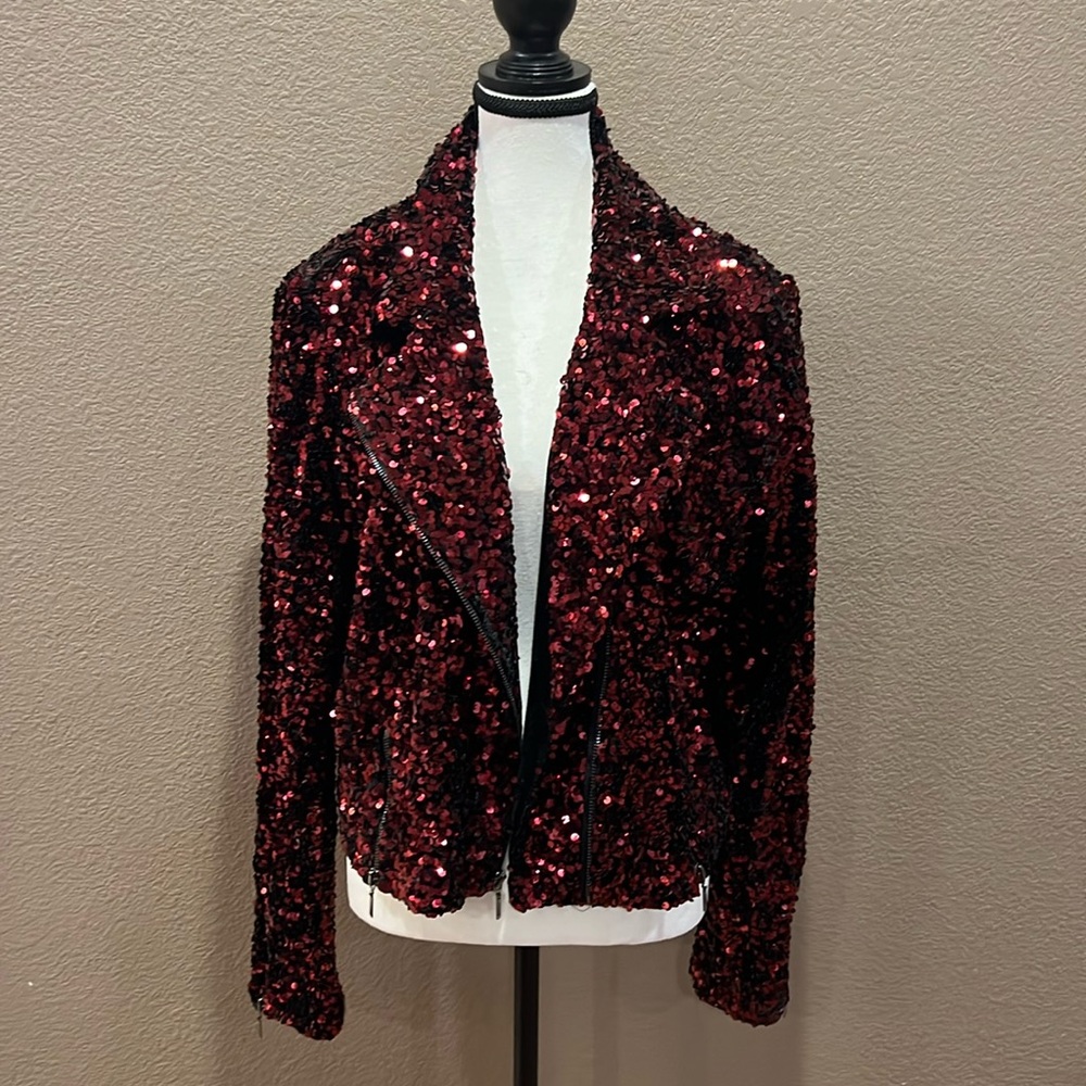 Red sequined moto jacket